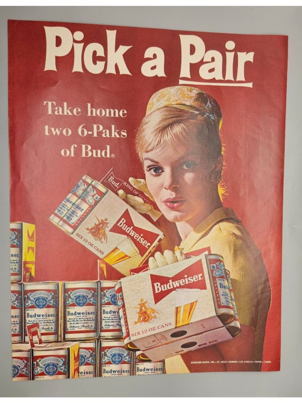 Vintage Budweiser "Pick A Pair" 1960s Beer Ad Poster Retro Wall Decor 12"x9"